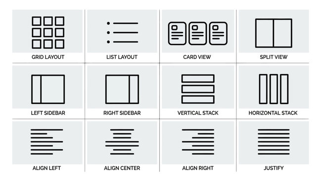 Set of UI layout and text alignment line icons for web design.