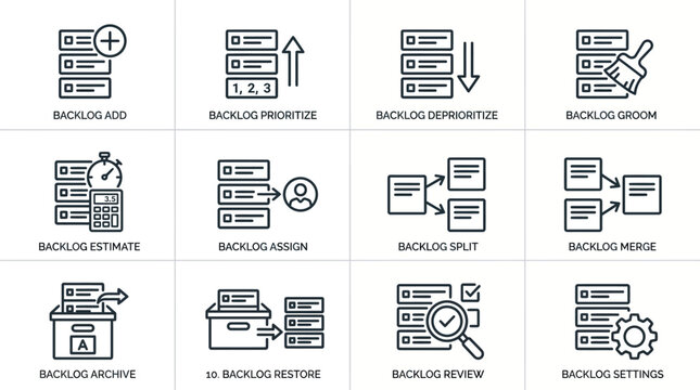 Set of line icons for agile backlog management processes.