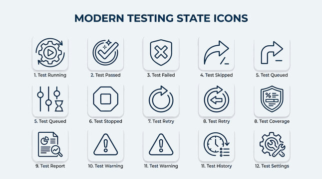 Set of modern testing state line icons for software development.