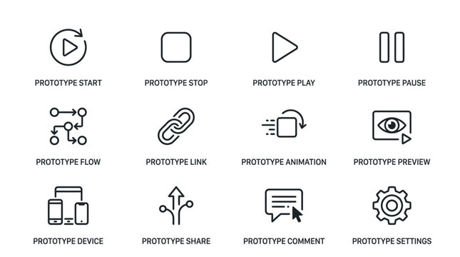 Set of UI UX prototype development icons for design software.
