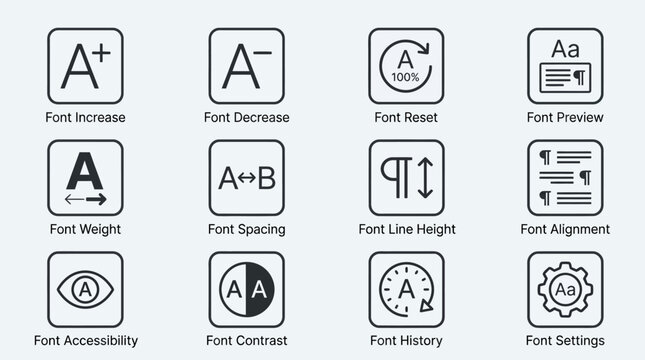 Set of vector icons for typography and font settings adjustment tools.