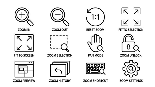 Set of vector zoom and interface navigation line icons.