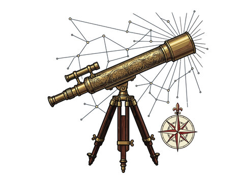 Detailed Vintage Brass Telescope Featuring Decorative Scrollwork Mounted On Tripod, Alongside A Star Chart Depicting Celestial Constellations, Vector Illustration