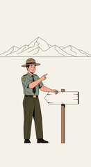 Naklejka premium Park Ranger Offering Directions At Wilderness Trailhead With Mountain Backdrop