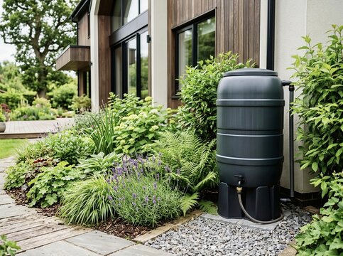 Modern Rainwater Collection Barrel in Residential Garden