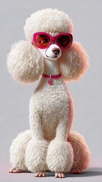 Fashionable Poodle in Pink Sunglasses: A stylish white poodle wearing trendy pink sunglasses and a pink collar sits attentively, exuding a chic and playful personality.