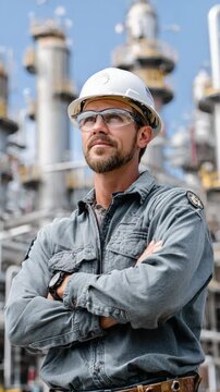 Industrial Dignity: A seasoned engineer, wearing a hard hat and safety glasses, stands confidently with arms crossed in front of a sprawling industrial complex, embodying resilience and expertise.