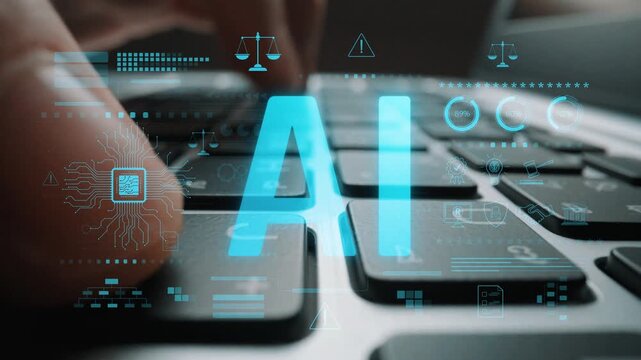 AI circuit microchip with glowing blue lines, surrounded by legal scales, warning symbols, data sheets, and binary codes, representing ethical AI, AI governance, and data integrity Marrow