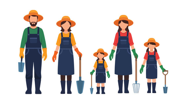 A family of farmers, including parents and children, dressed in work clothes and holding gardening tools, ready for farming activities.