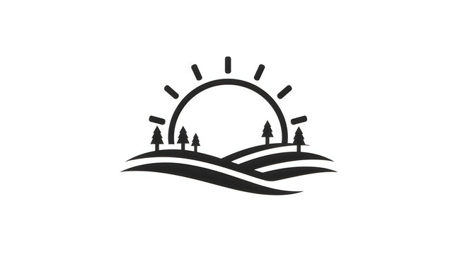 Minimalist Sunrise Landscape Icon with Flowing Horizon and Trees in Vector Style