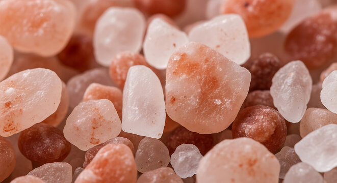 Close-up of Himalayan pink salt crystals, natural mineral texture, macro photography