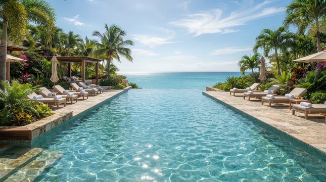 Luxurious large infinity pool overlooking the ocean at a Caribbean resort.