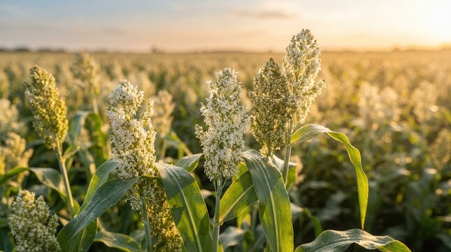 Sunlit sorghum field with blooming white flowers during a golden hour sunset.