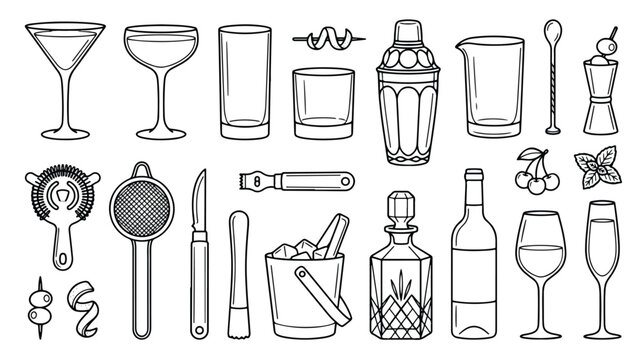 Cocktail bar equipment and glassware icons, professional bartender tools set in line art style, 22 vector elements for drink menu design