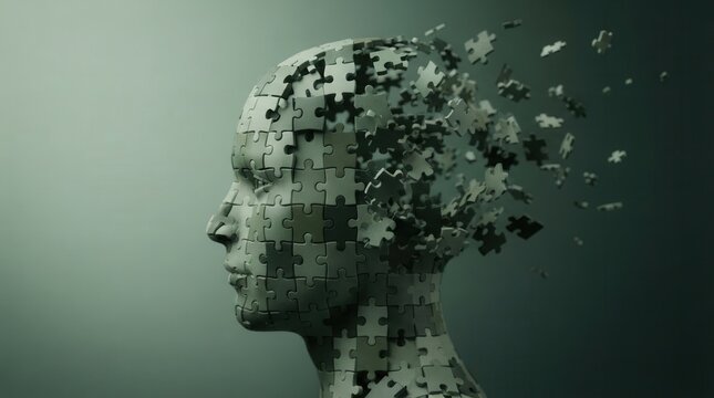 3D rendering of a human head composed of puzzle pieces falling apart to represent mental health disorders.