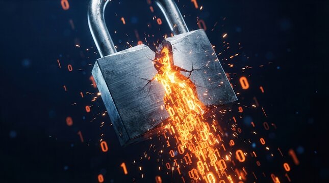 A metallic padlock broken by glowing binary code symbolizing a cybersecurity data breach.