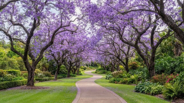 Vibrant blooming jacaranda trees line a serene pathway in a lush garden setting.