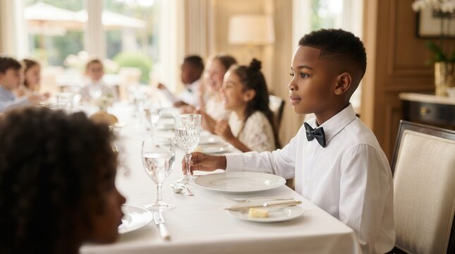 A young boy wearing a black bow tie sits at an elegant dining table with other children.