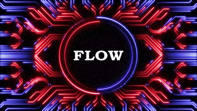 Abstract futuristic circuit board with glowing neon flow animation.