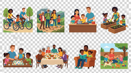 Fototapeta premium Diverse multi generational family activities and daily life scenes collection featuring inclusive illustrations of people bonding together in various settings