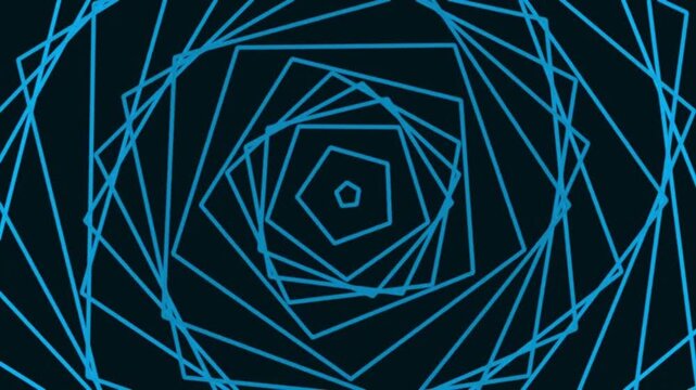 Abstract blue glowing pentagon spiral rotating on dark background