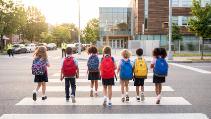 Fototapeta premium Schoolchildren wearing colorful backpacks walk across a city crosswalk on their way to school near a modern educational building.