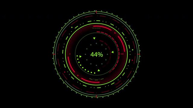 Circular digital loading interface with green percentage counter animation on a dark black motion background