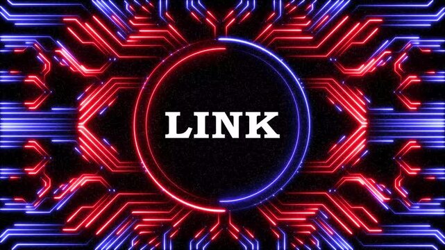 Link text on circuit board background with pulsating neon light, dynamic motion graphic.
