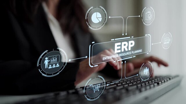 ERP platform visual showing centralized system for enterprise resource planning, improving integration, data flow, business efficiency, finance, inventory, and human resources. Muxer