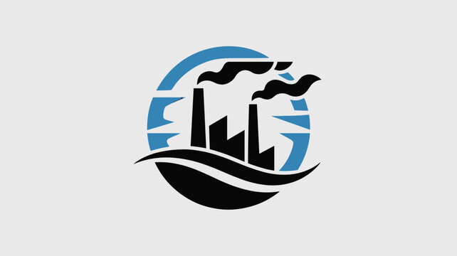 Industrial factory logo design with black smoke stacks silhouette and blue circular elements representing energy and production.