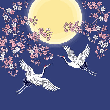Cranes fly under cherry blossoms in front of a full moon