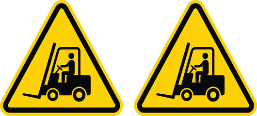 Yellow triangular warning signs featuring black forklift truck symbols as a flat vector on transparent background © Naseem