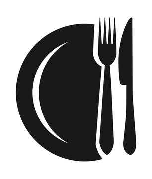Black and white icon of a plate, knife, and fork.