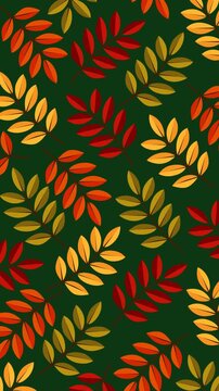Seamless autumn leaf pattern featuring warm red, orange, yellow, and olive foliage on a dark green background. Ideal for seasonal videos, nature themes, wallpapers, textiles, presentations