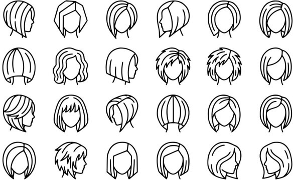 Haircuts and Hairstyles Line Art Icons Set. Collection of Diverse Modern Women's Hair Fashion Outline Icons for Beauty and Style Industry.