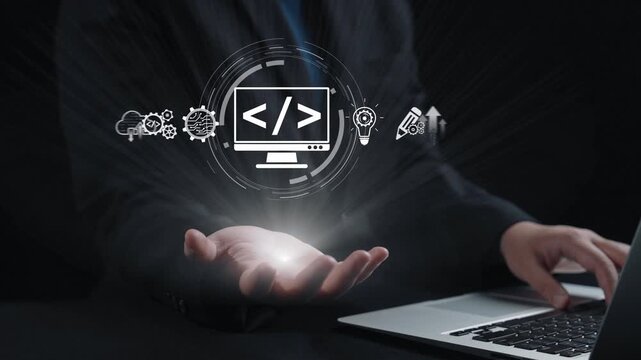 Modern web development concept featuring coding symbols, web development process, web development interface, and web development tools with futuristic design. Elide