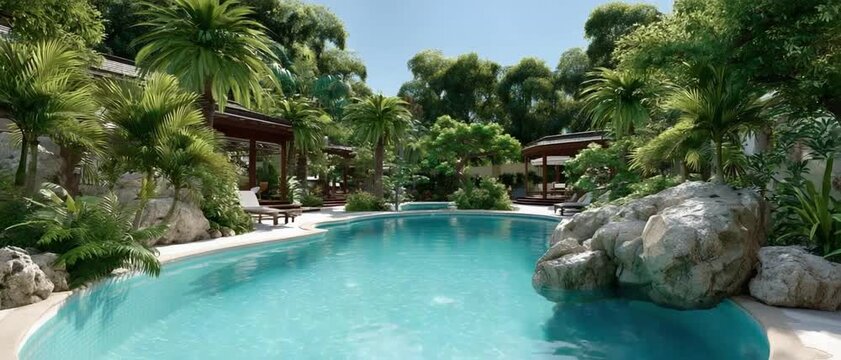 Serene Oasis: A luxurious swimming pool set amidst lush tropical foliage, surrounded by rocks and palm trees, evokes a sense of tropical paradise and ultimate relaxation.