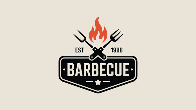 Vintage style barbecue restaurant logo design featuring crossed grilling forks and a bright orange flame on a black shield emblem.