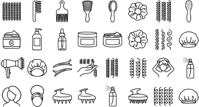 Natural Hair Care Routine and Styling Tools Line Art Icons Set. Beauty Products, Combs, Brushes, and Textured Hair Outline Vector Collection.