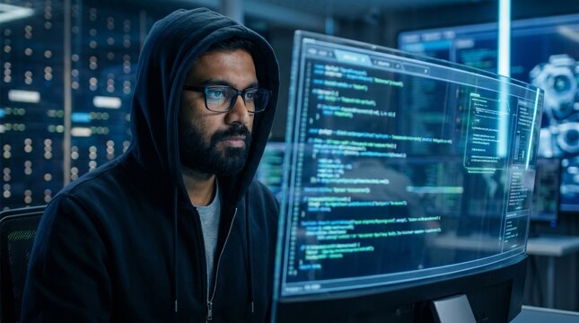 Indian male software developer coding futuristic technology interface, professional programmer working on AI innovation, cybersecurity and digital engineering
