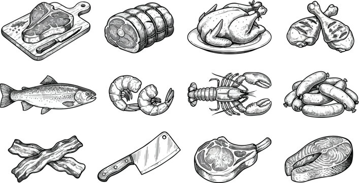 Detailed sketch set of assorted meat and seafood products presented as a vector on transparent background