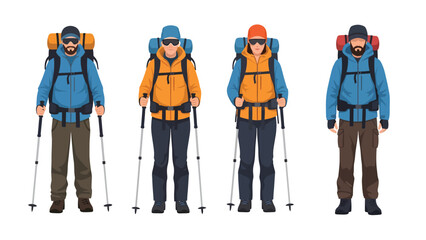 Fototapeta premium Set of four hikers with backpacks and trekking poles, ready for an adventure in the mountains.