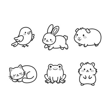 Cute kawaii animals doodle icon set with black bold outline featuring bunny sleeping cat frog hamster bird and guinea pig