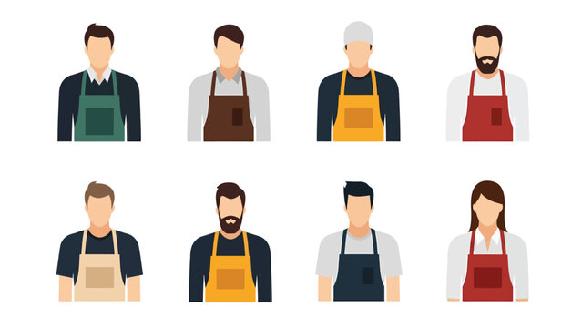 Set of diverse people wearing various aprons, depicting different professions and roles in a flat design style.
