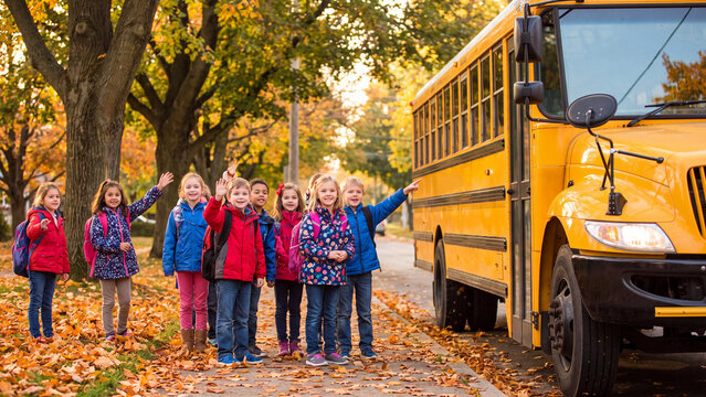 Students wait for the school bus on a tree-lined street during a bright autumn day while carrying their heavy backpacks.