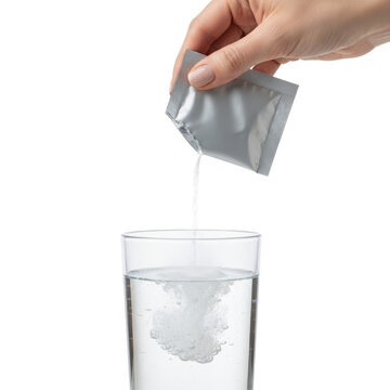 Mid-age caucasian woman's hand pours white powder from sachet into water in glass, creating effervescence on high-key white background with copy space. Concept of health