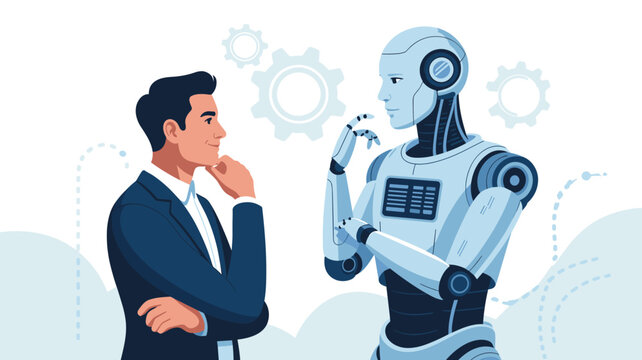 Professional man in a suit engaged in a thoughtful conversation with a humanoid robot representing the future of human-AI interaction.