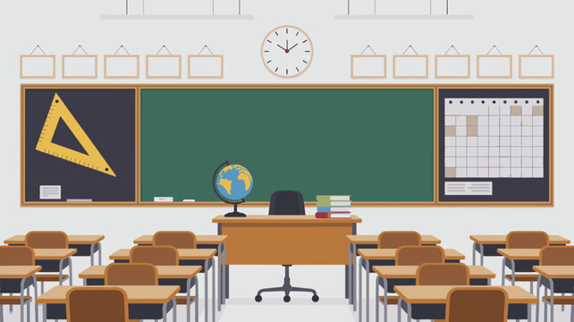 Modern classroom interior design including rows of student desks facing a large green chalkboard with educational tools like a globe and books.