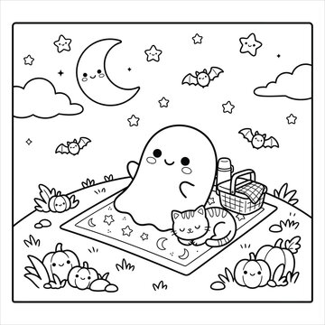 Cute ghost and cat picnic coloring page for kids, cartoon spooky character having night campfire picnic vector line art, Halloween pumpkin outline illustration