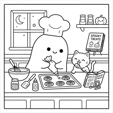 Cute ghost chef baking spooky treats coloring page, cartoon character decorating Halloween cookies with cat vector line art, kitchen interior cooking outline illustration